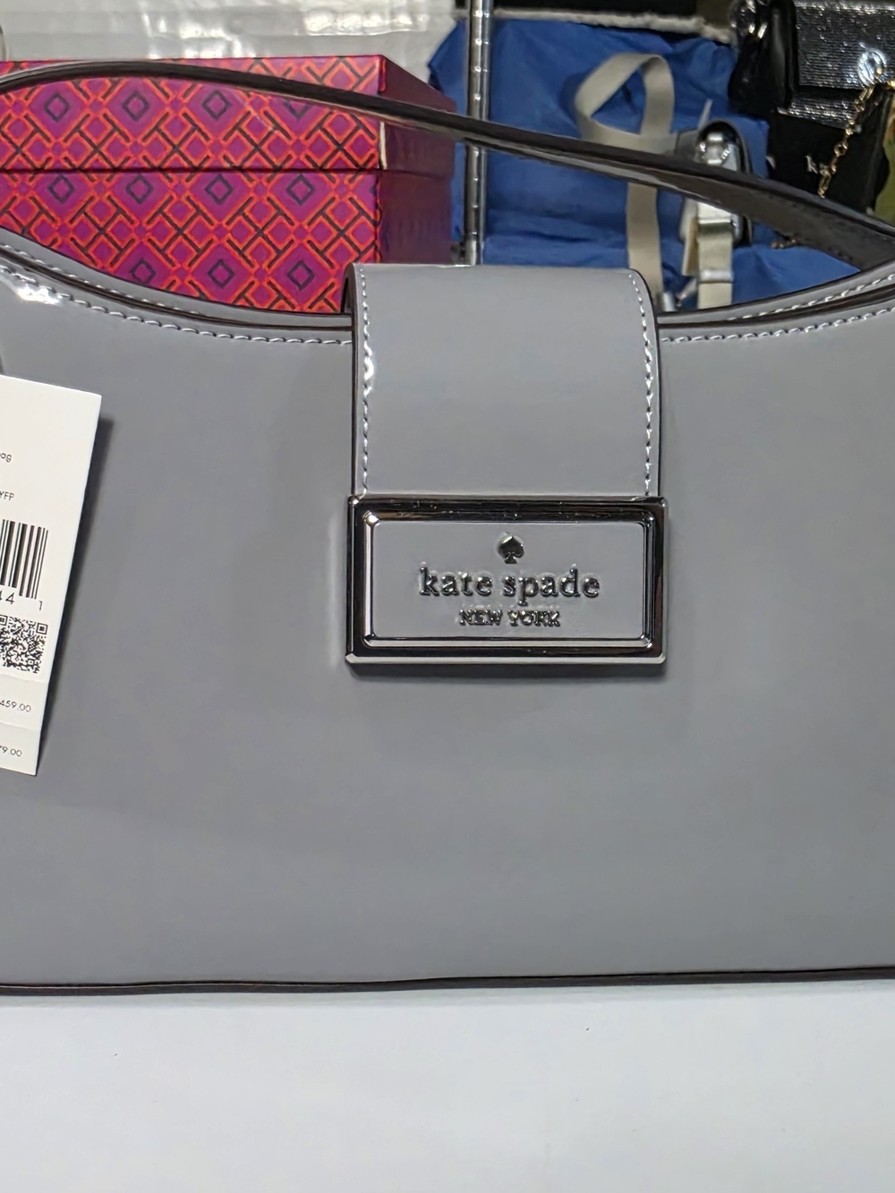 kate spade gray patent leather shoulder bag with polished plaque